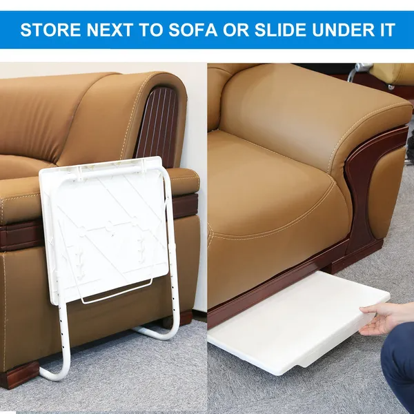Tray table folds flat to store next to or under a sofa