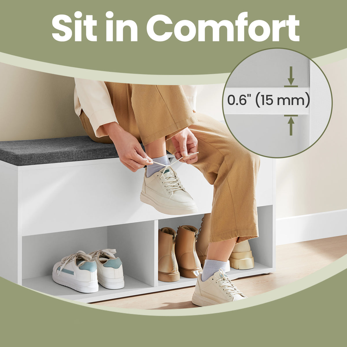 Person sitting on the cushioned shoe bench