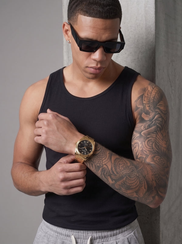 Men's Gold Dress Watch – Fluted Bezel, Steel Bracelet