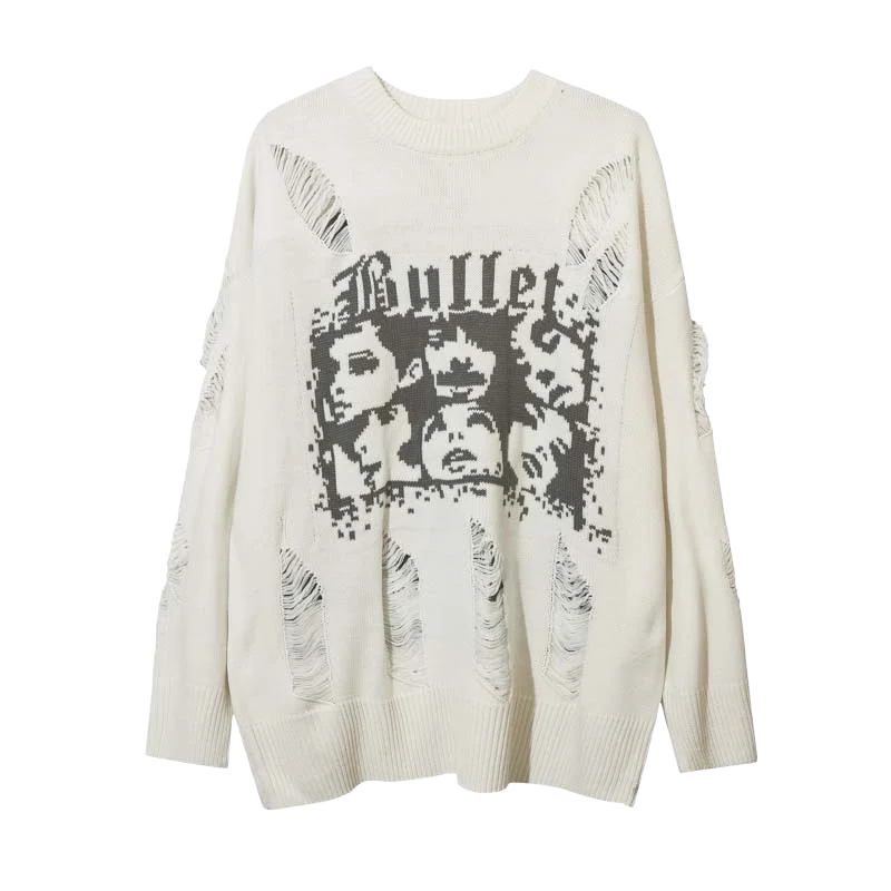 Bullet Distressed Graphic Knit Sweater