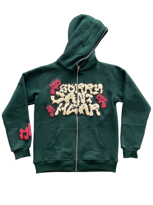 Graffiti Print Zip-Up Hoodie - Dark Green, transparent background