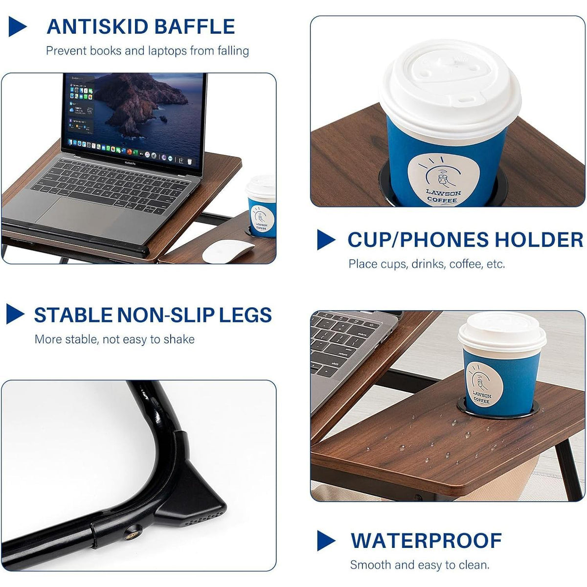 Stopper strip, cup holder, non-slip legs and wipe-clean top