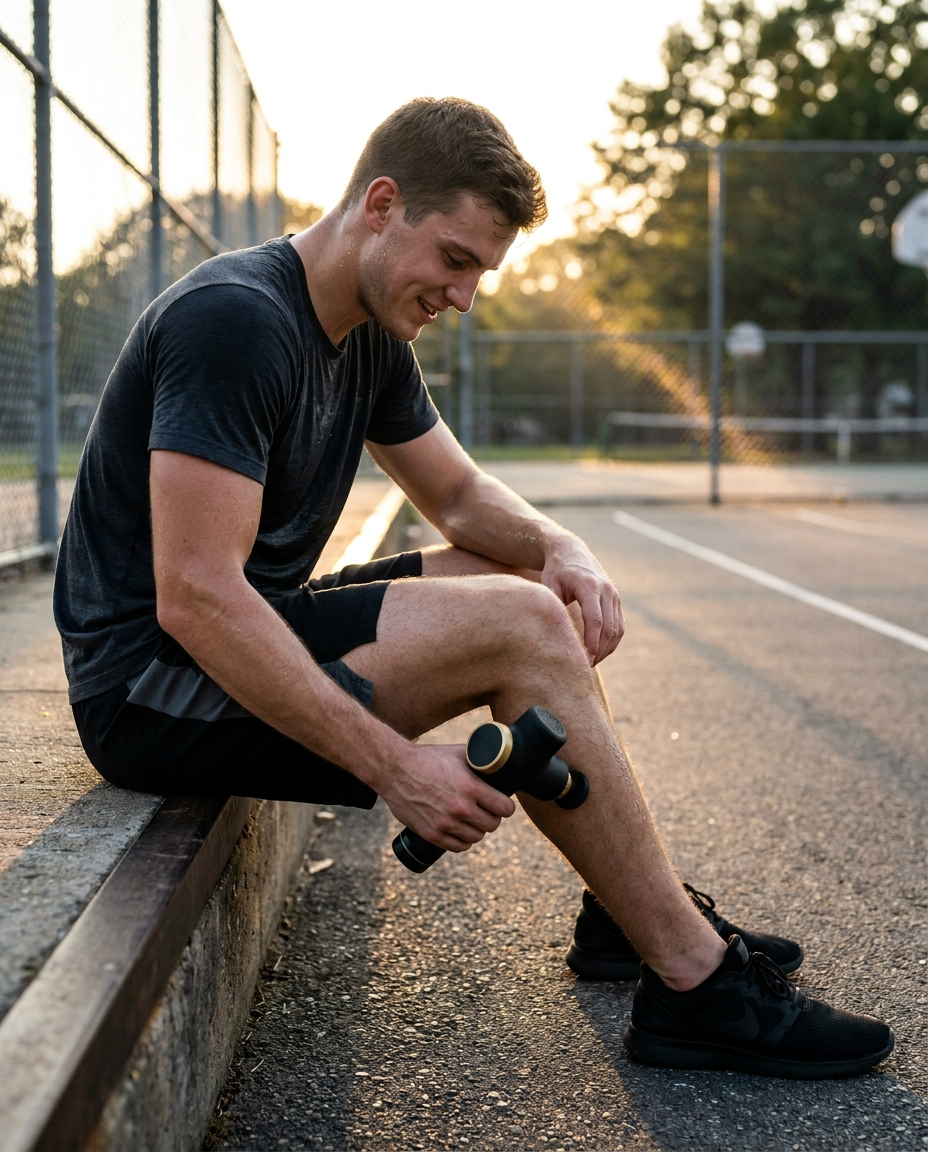 Athlete using a black percussion massage gun on his calf courtside after a workout