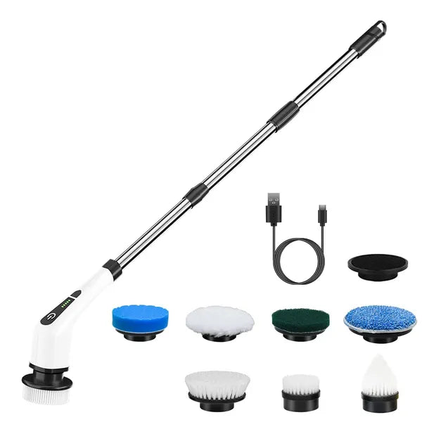 Cordless electric spin scrubber with brush heads
