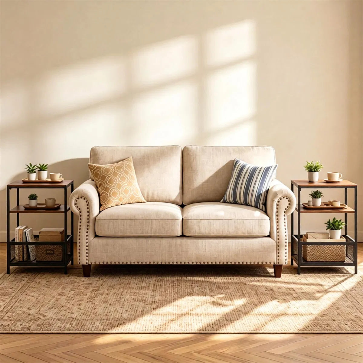 Two side tables on either side of a sofa