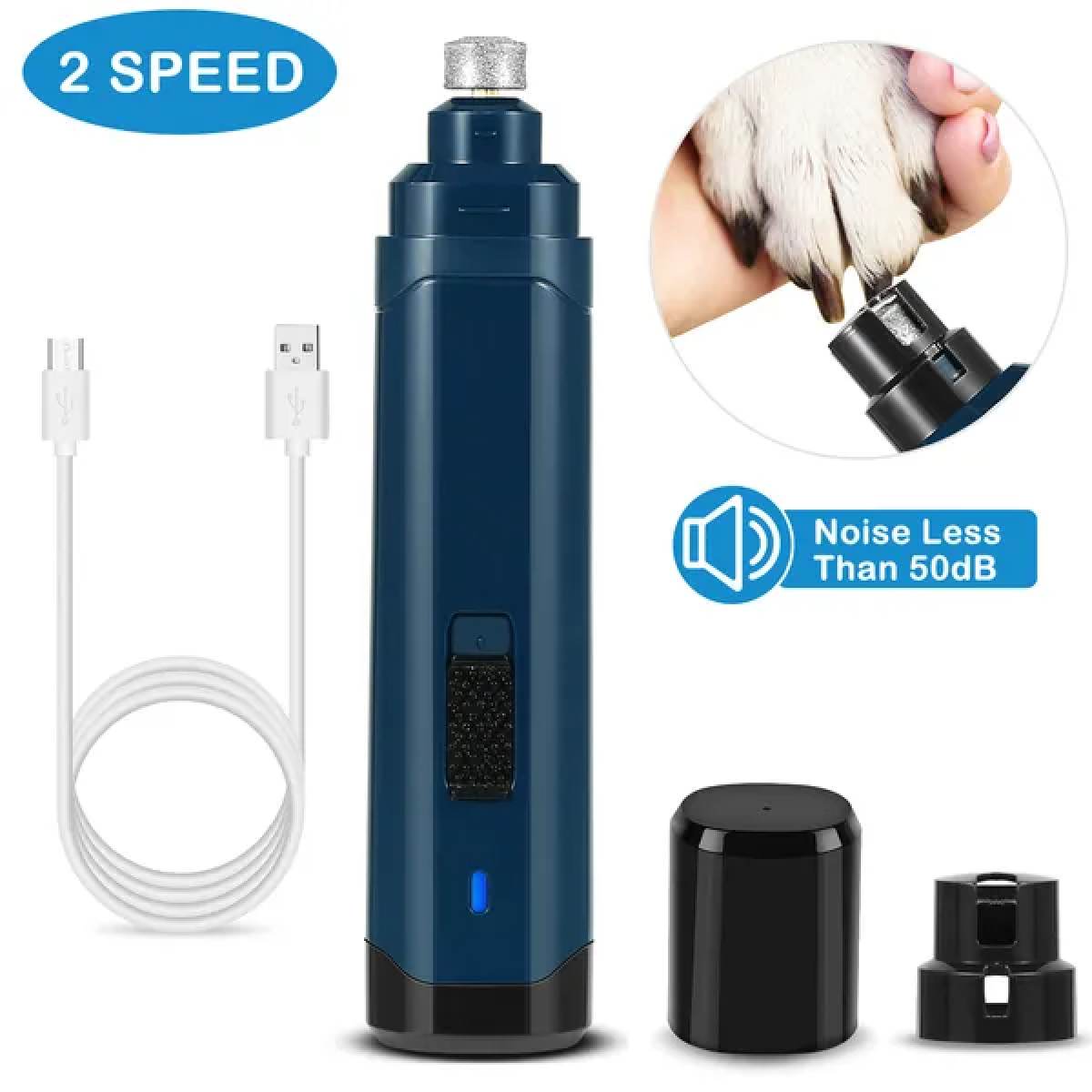 Cordless Dog Nail Grinder - 2-Speed USB Rechargeable Pet Nail Trimmer, Quiet &amp; Low Vibration