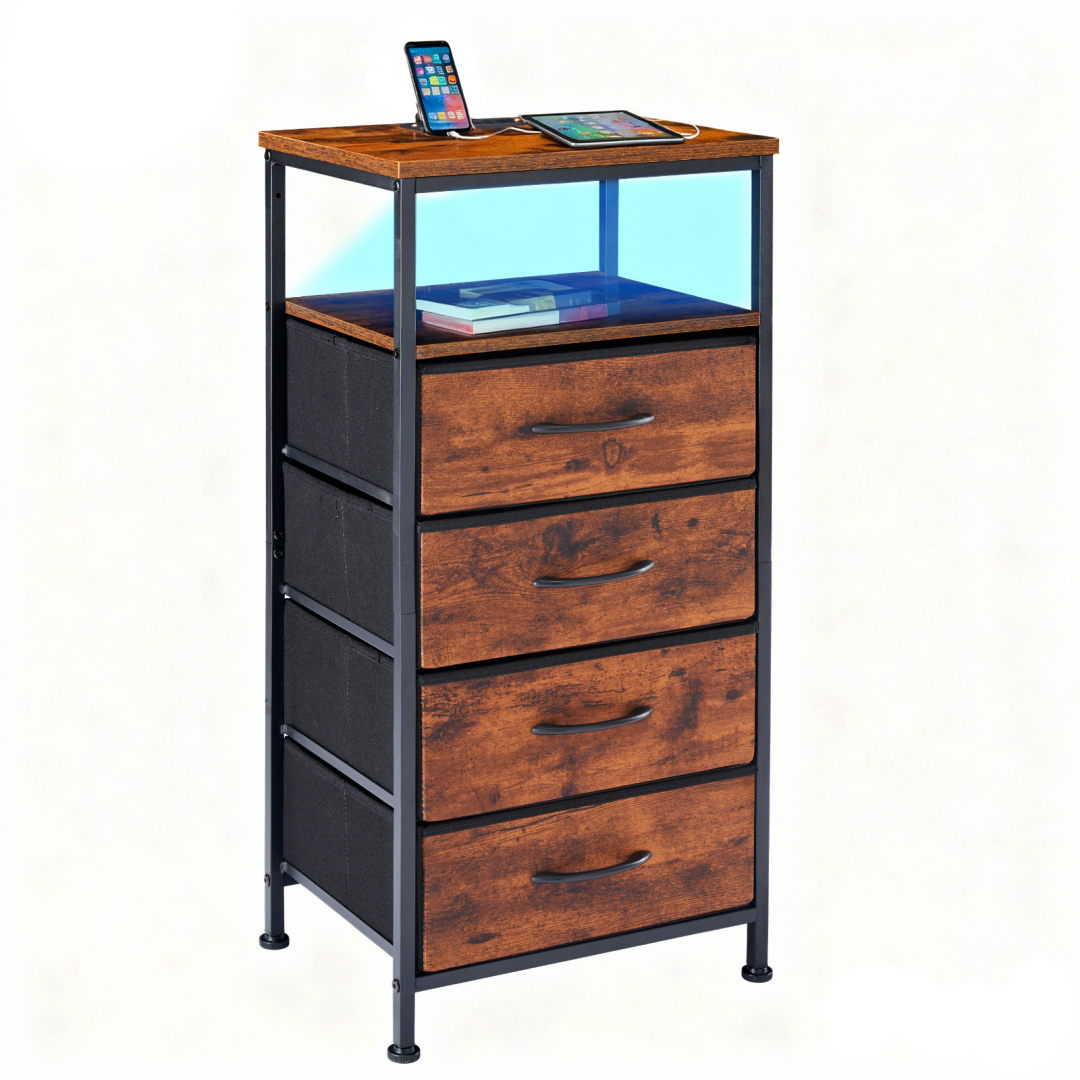Rustic brown nightstand with 4 fabric drawers