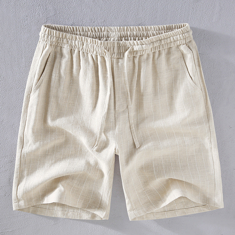 Khaki vertical striped linen shorts