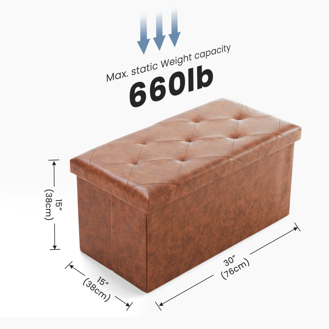Brown 30 in storage ottoman, 30 x 15 x 15 in, holds 660 lb
