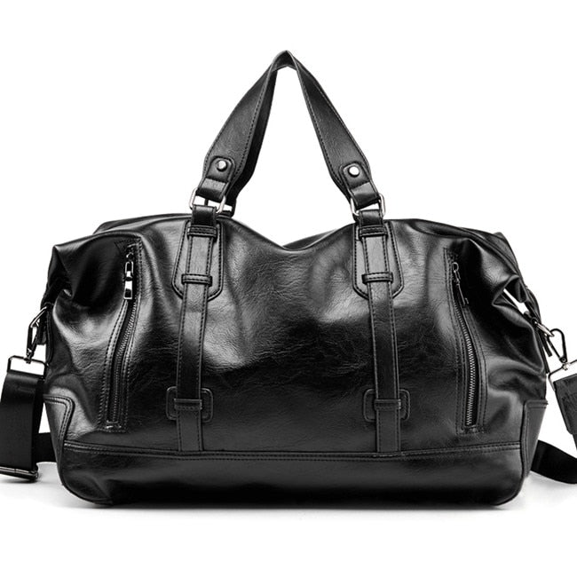 Black leather travel duffel bag