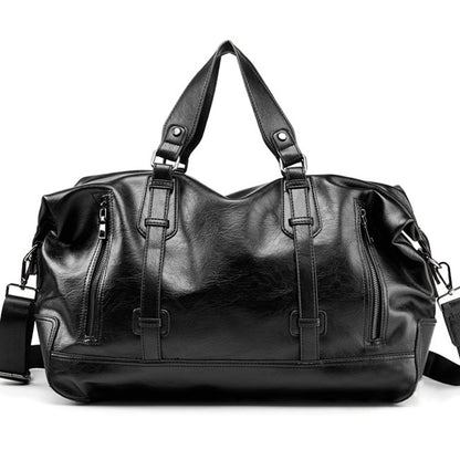 Black leather travel duffel bag