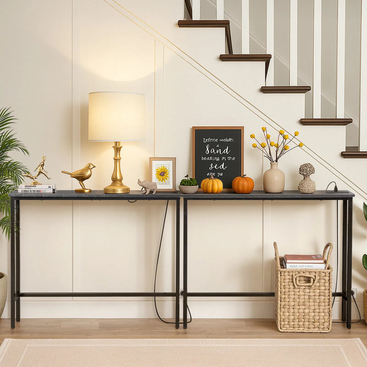 Narrow console tables in an entryway