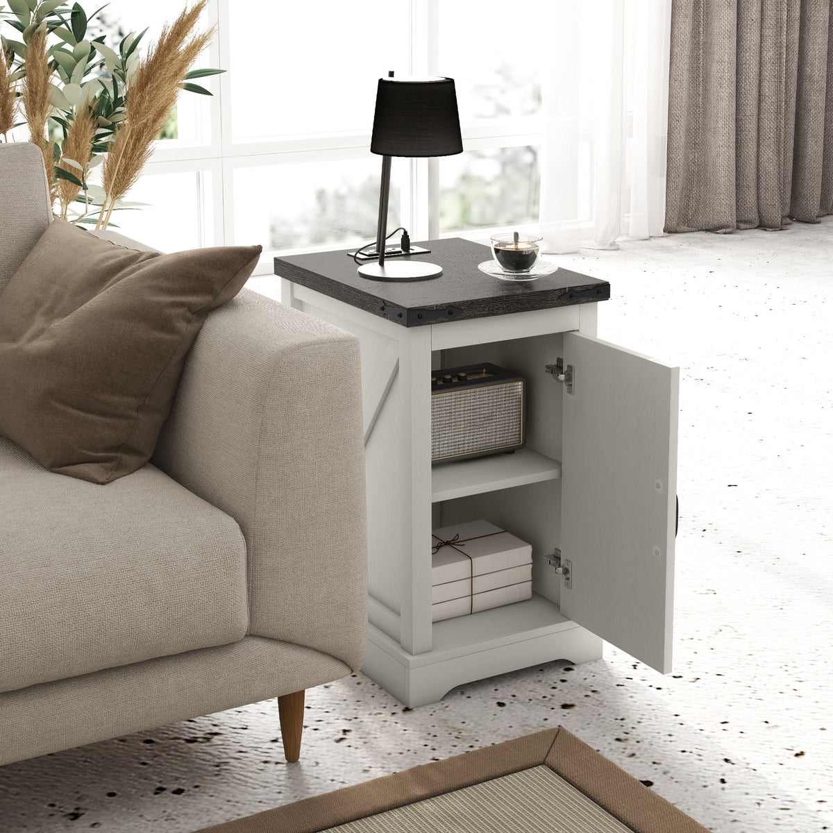 Farmhouse end table with the barn door open