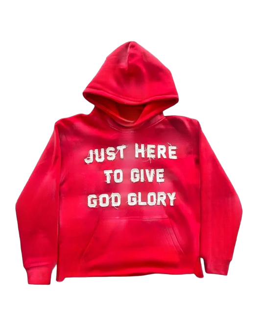 Just Here To Give God Glory Hoodie - Red, transparent background