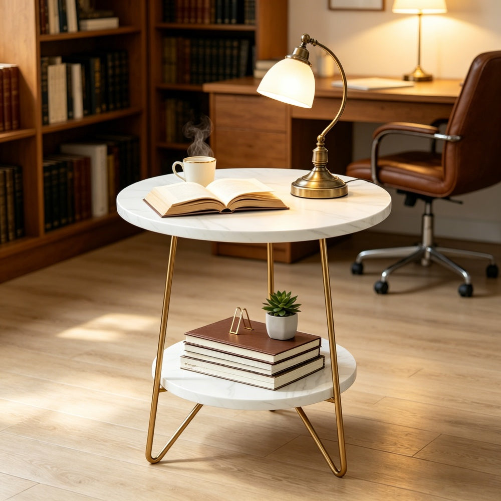 Round white end table with gold legs
