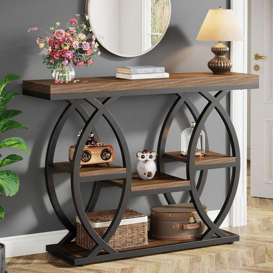 Rustic brown console table with circle metal frame in an entryway