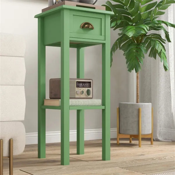 Tall green side table with drawer