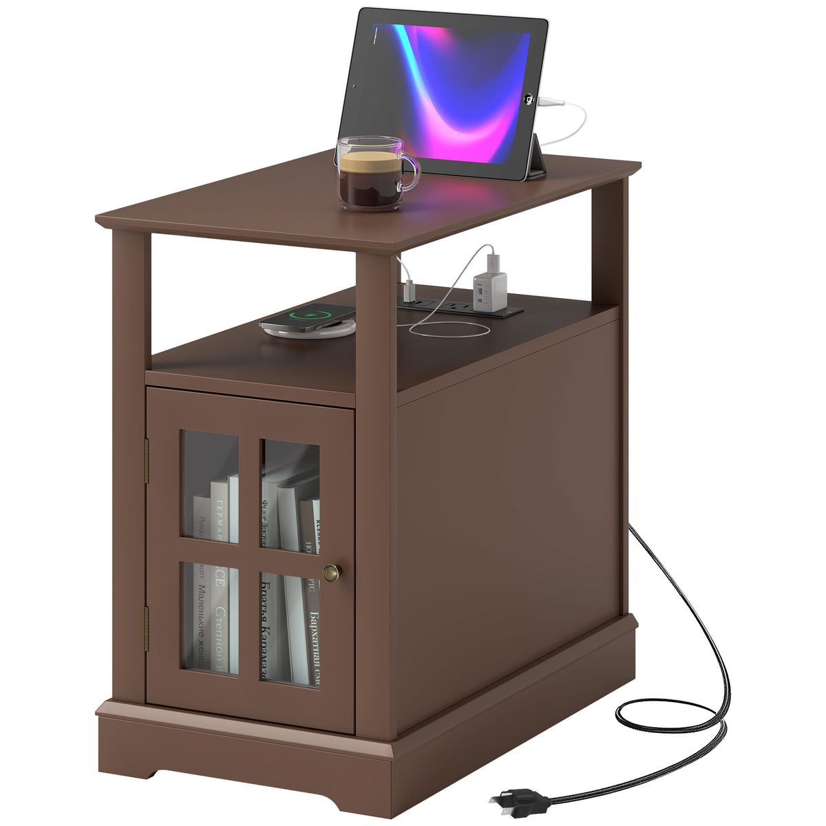 Brown side table with power cord