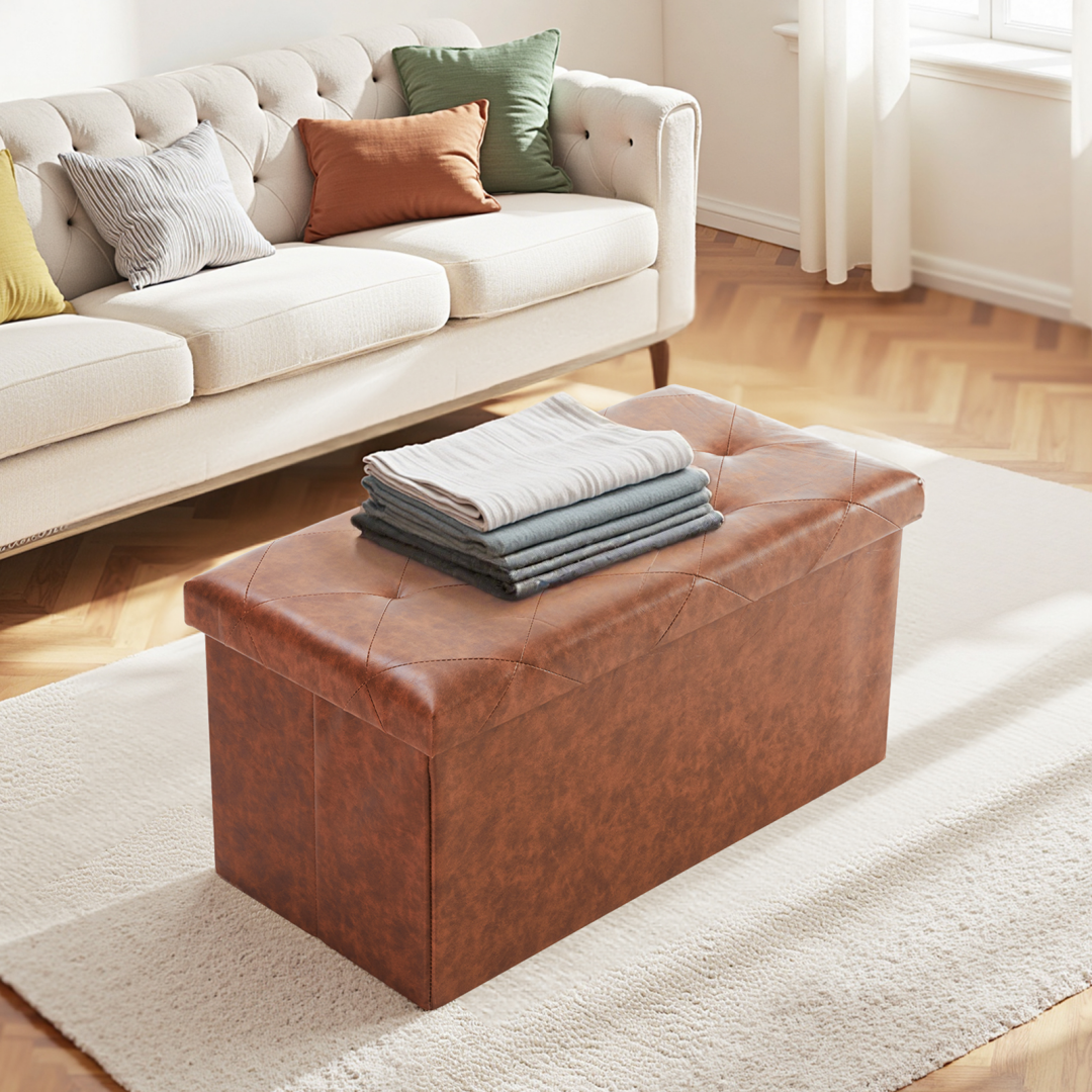 Brown folding storage ottoman bench in a living room