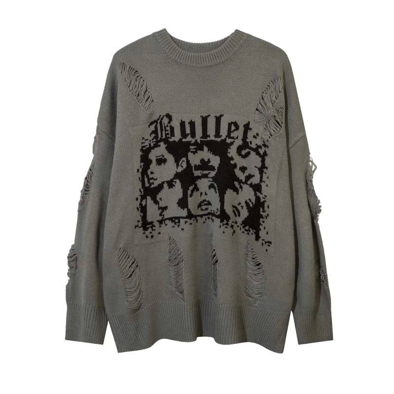 Bullet Distressed Graphic Knit Sweater