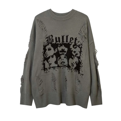 Bullet Distressed Graphic Knit Sweater