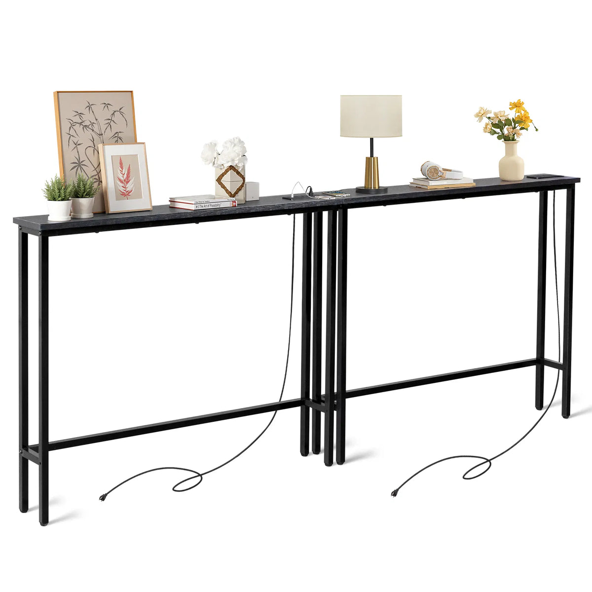 2-pack of narrow black console tables with power cords