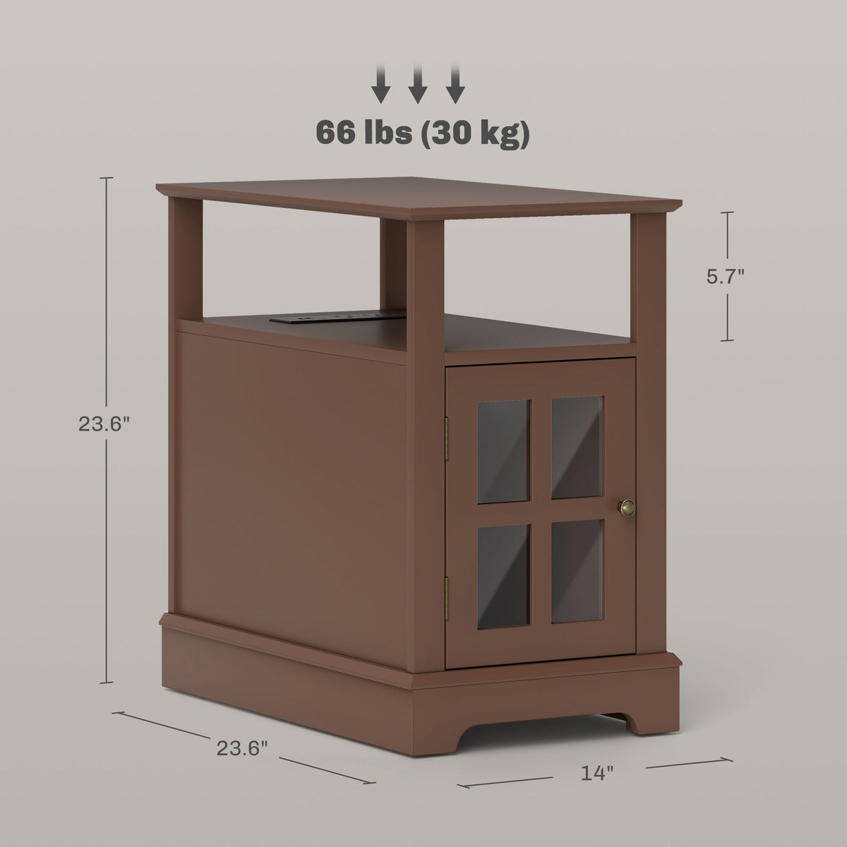 Side table dimensions, 14 x 23.6 x 23.6 in, holds 66 lb