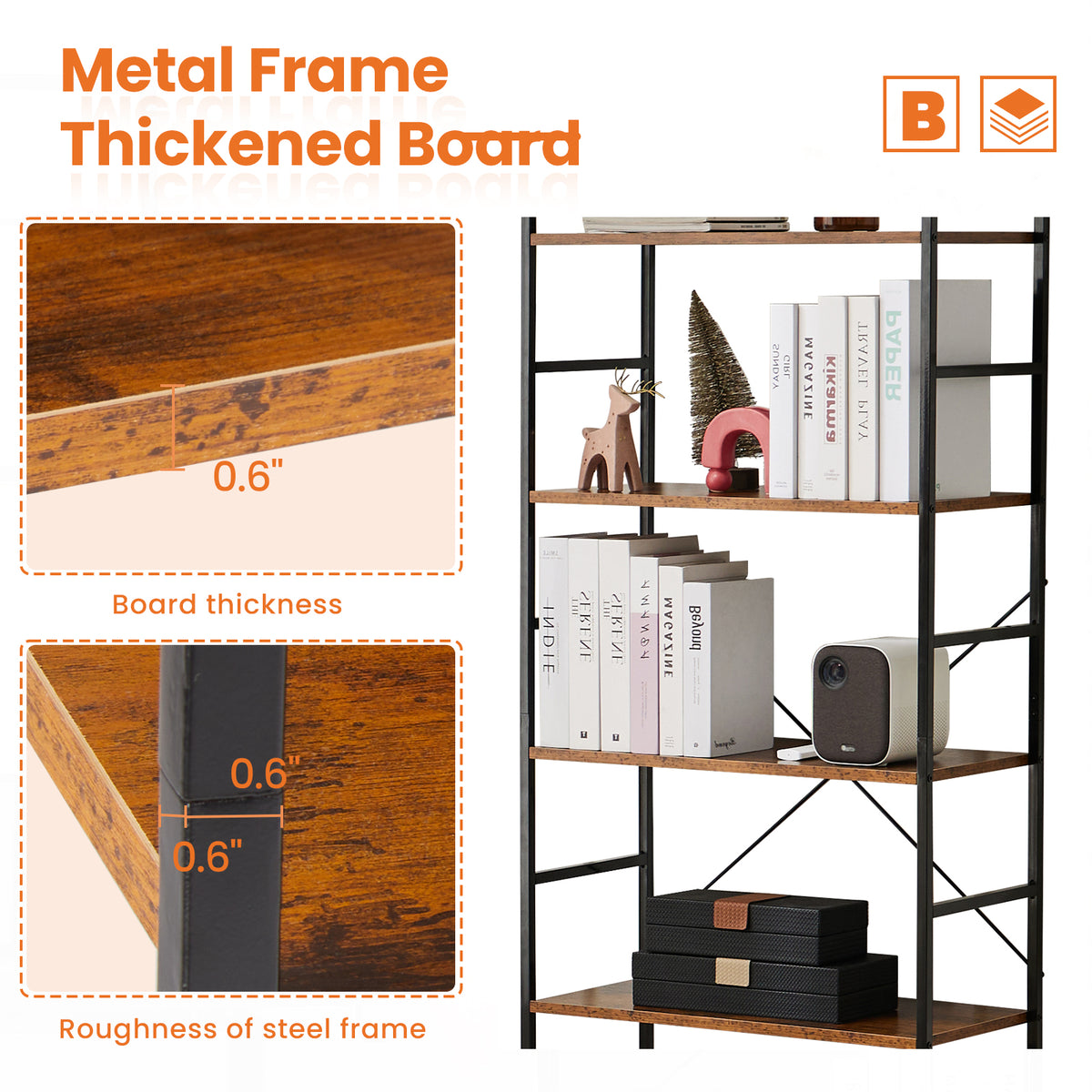 Metal frame and 0.6 in thick shelf board
