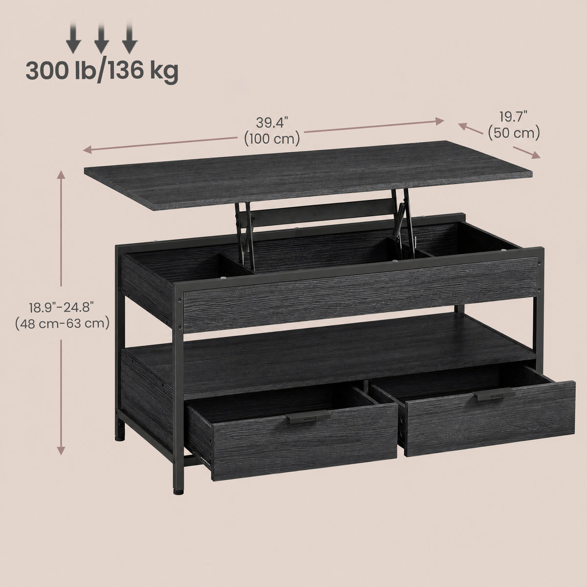 Coffee table dimensions, 39.4 x 19.7 in, holds 300 lb