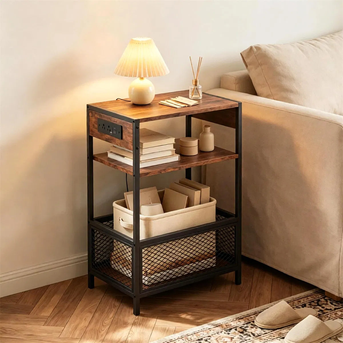 Industrial side table beside a sofa