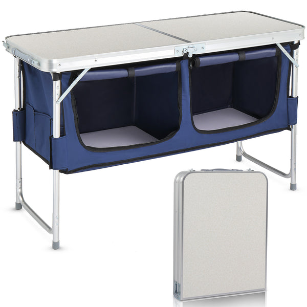 Folding camping table with blue storage compartments