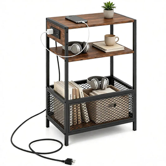 3-tier rustic brown side table with charging station