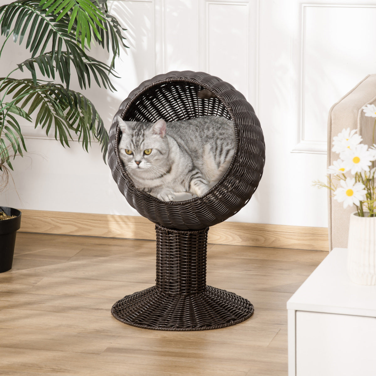 Elevated Cat Bed with Rotatable Egg Chair Pod - Woven Wicker Basket with Cushion, Coffee