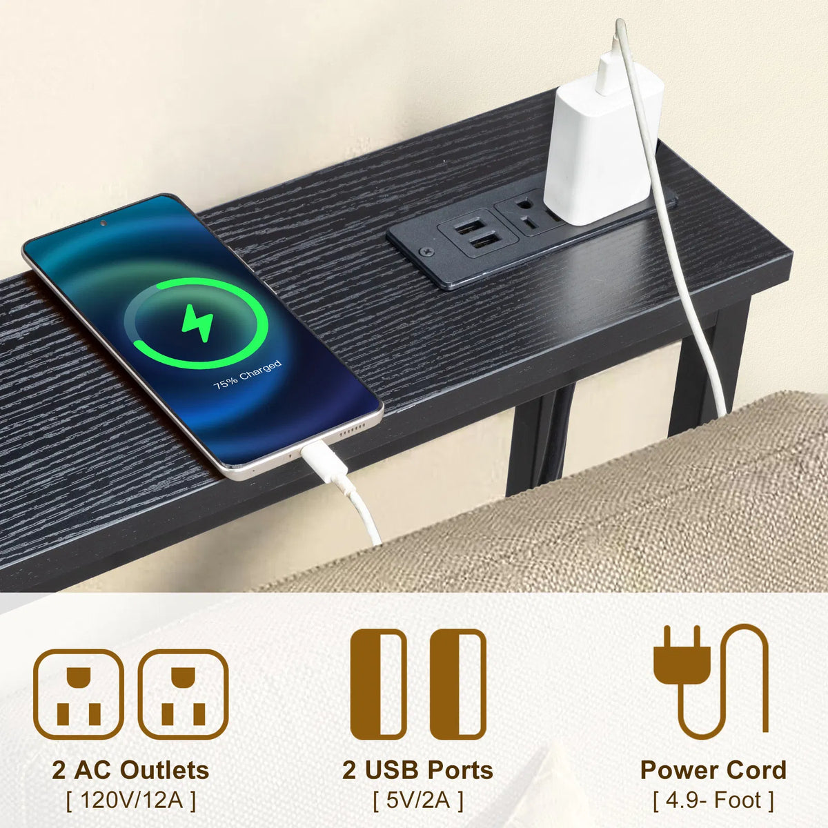 2 AC outlets, 2 USB ports and power cord
