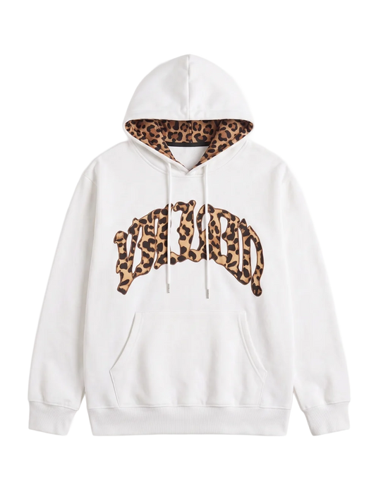 Leopard Trim Hoodie - White, transparent background