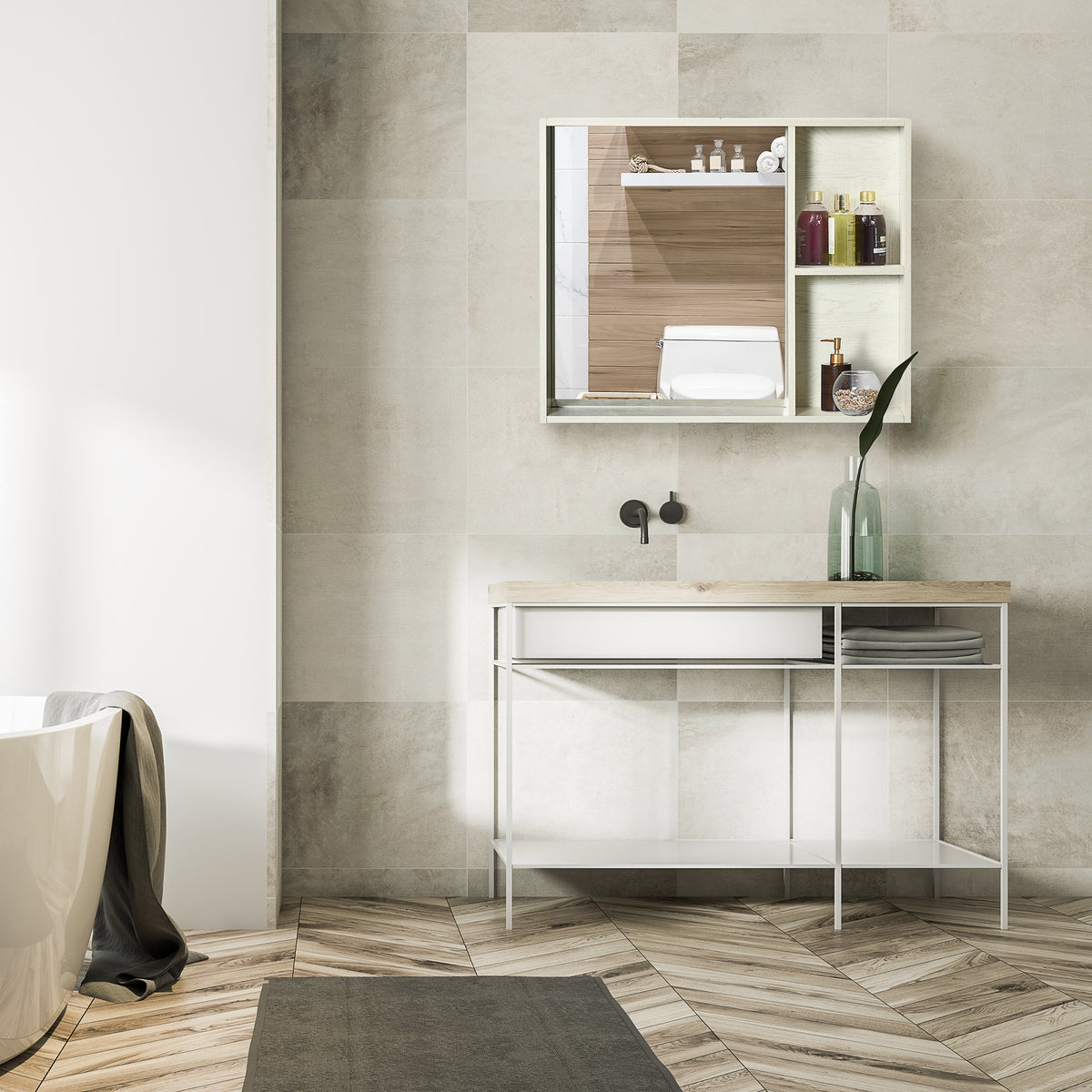 Medicine cabinet mounted on a bathroom wall