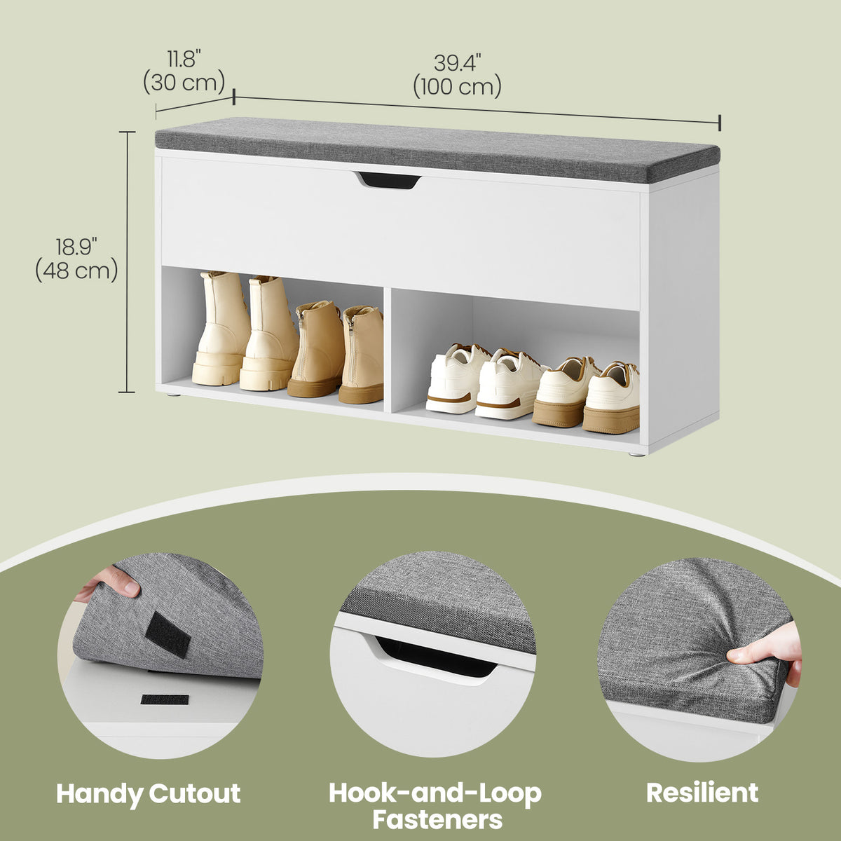 Shoe bench dimensions, 39.4 x 11.8 x 18.9 in