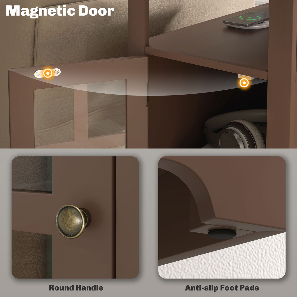 Magnetic door, round handle and anti-slip foot pads