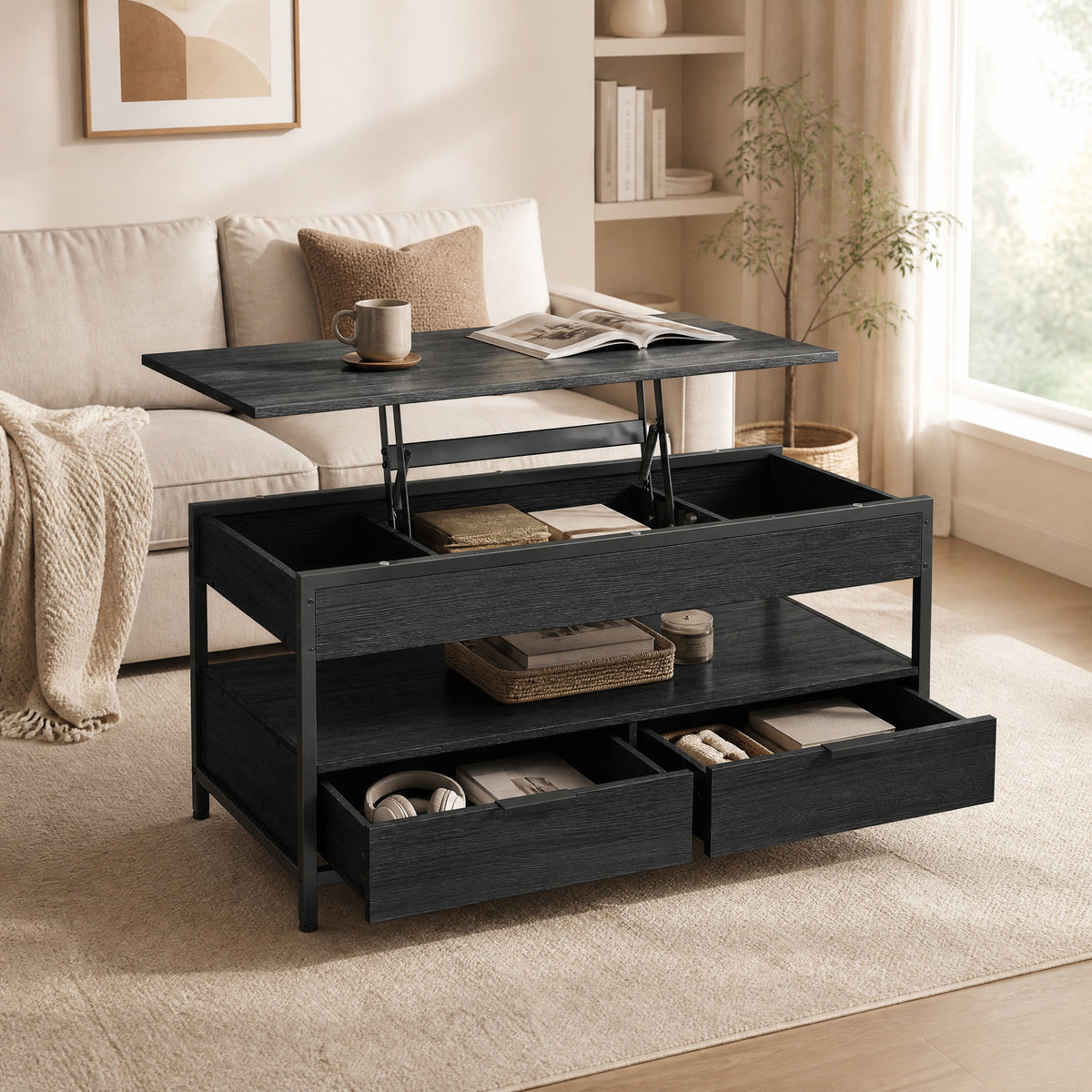 Lift-top coffee table with the top raised and drawers open
