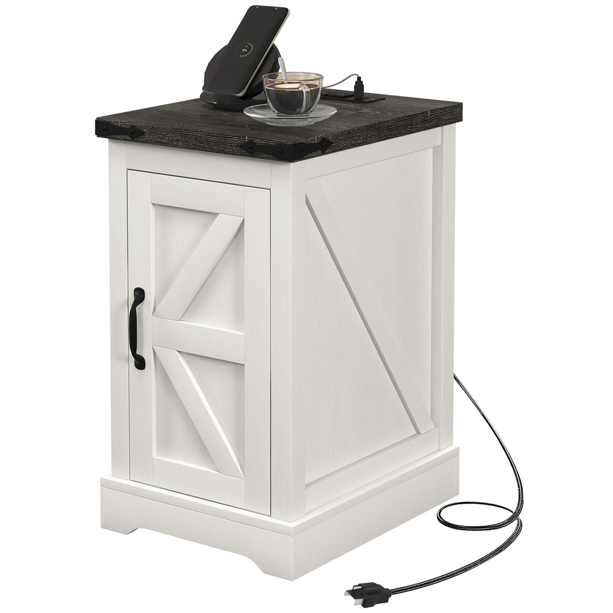 Farmhouse end table with power cord
