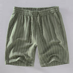 Army green vertical striped linen shorts