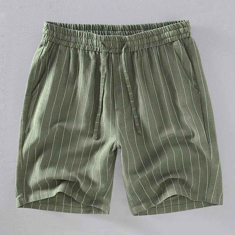 Army green vertical striped linen shorts