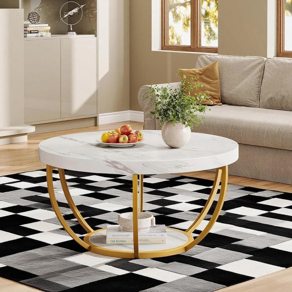 Round coffee table with marble-look top and gold frame