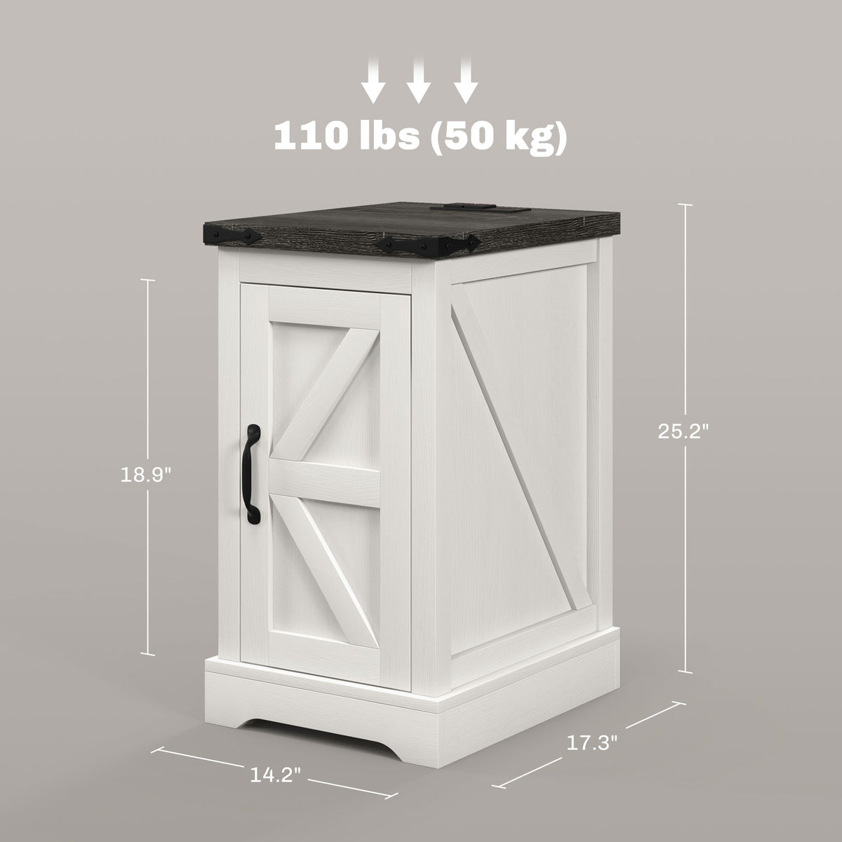 End table dimensions, 14.2 x 17.3 x 25.2 in, holds 110 lb