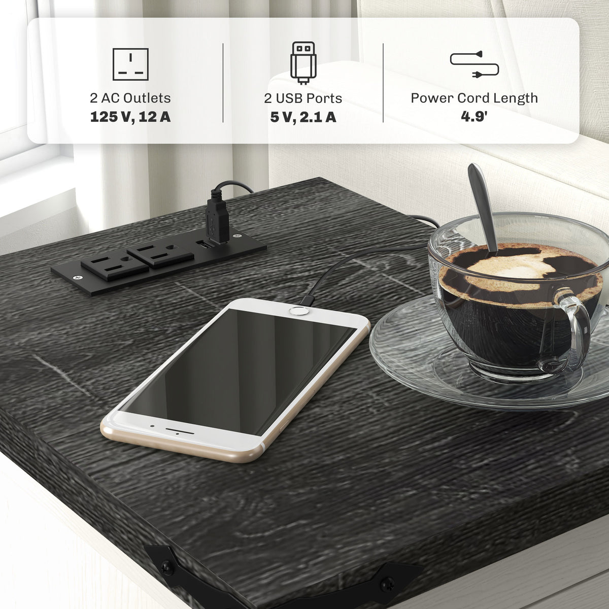 2 AC outlets and 2 USB ports on the tabletop