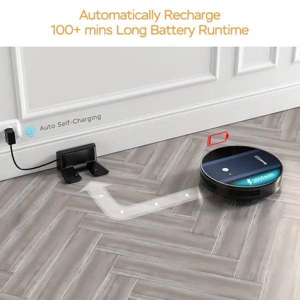 Robot vacuum returning to its charging dock, 100+ minute runtime