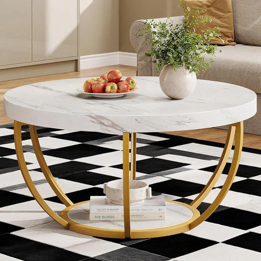 Round coffee table with marble-look top and gold frame