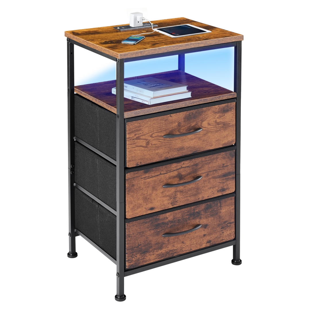 Rustic brown nightstand with 3 fabric drawers