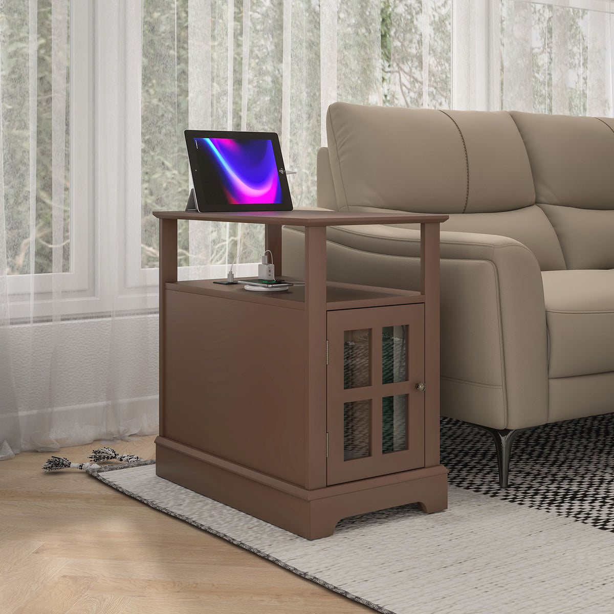 Side table with glass-door cabinet beside a sofa