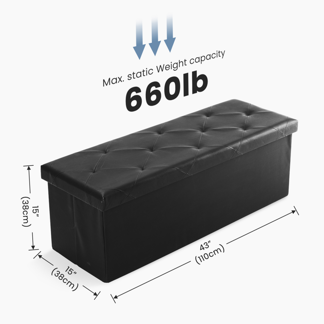Black 43 in storage ottoman, 43 x 15 x 15 in, holds 660 lb